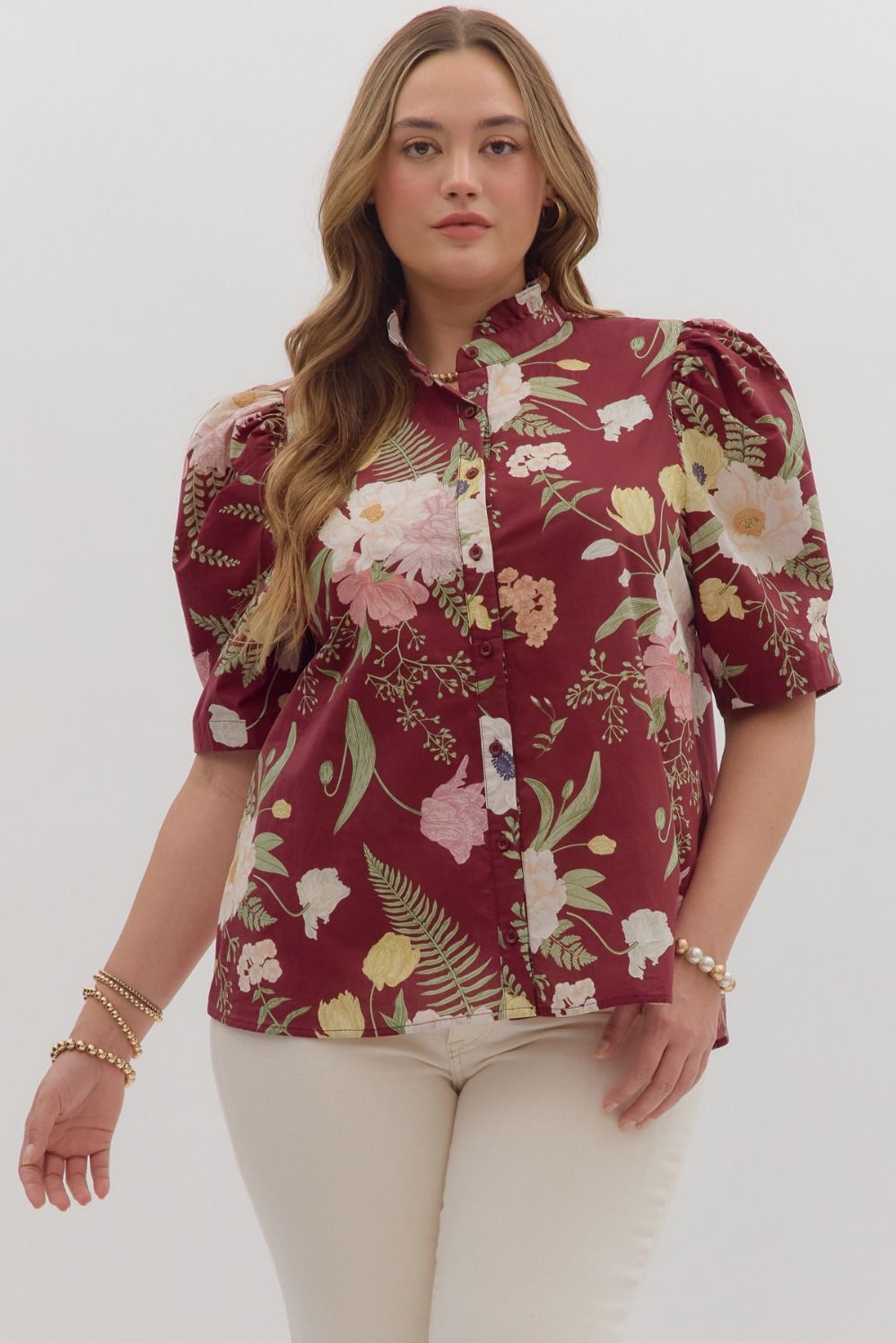Puff Sleeve Floral Button-Up Top - Plus Size
