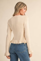 RUFFLE HEM RIBBED KNIT SWEATER