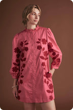 3/4 Sleeve Flower Embroidery Ruffle Neck Mini Dress