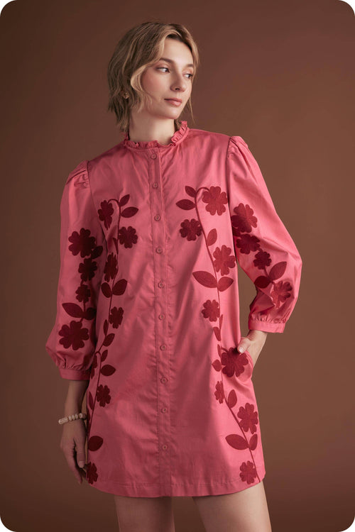 3/4 Sleeve Flower Embroidery Ruffle Neck Mini Dress