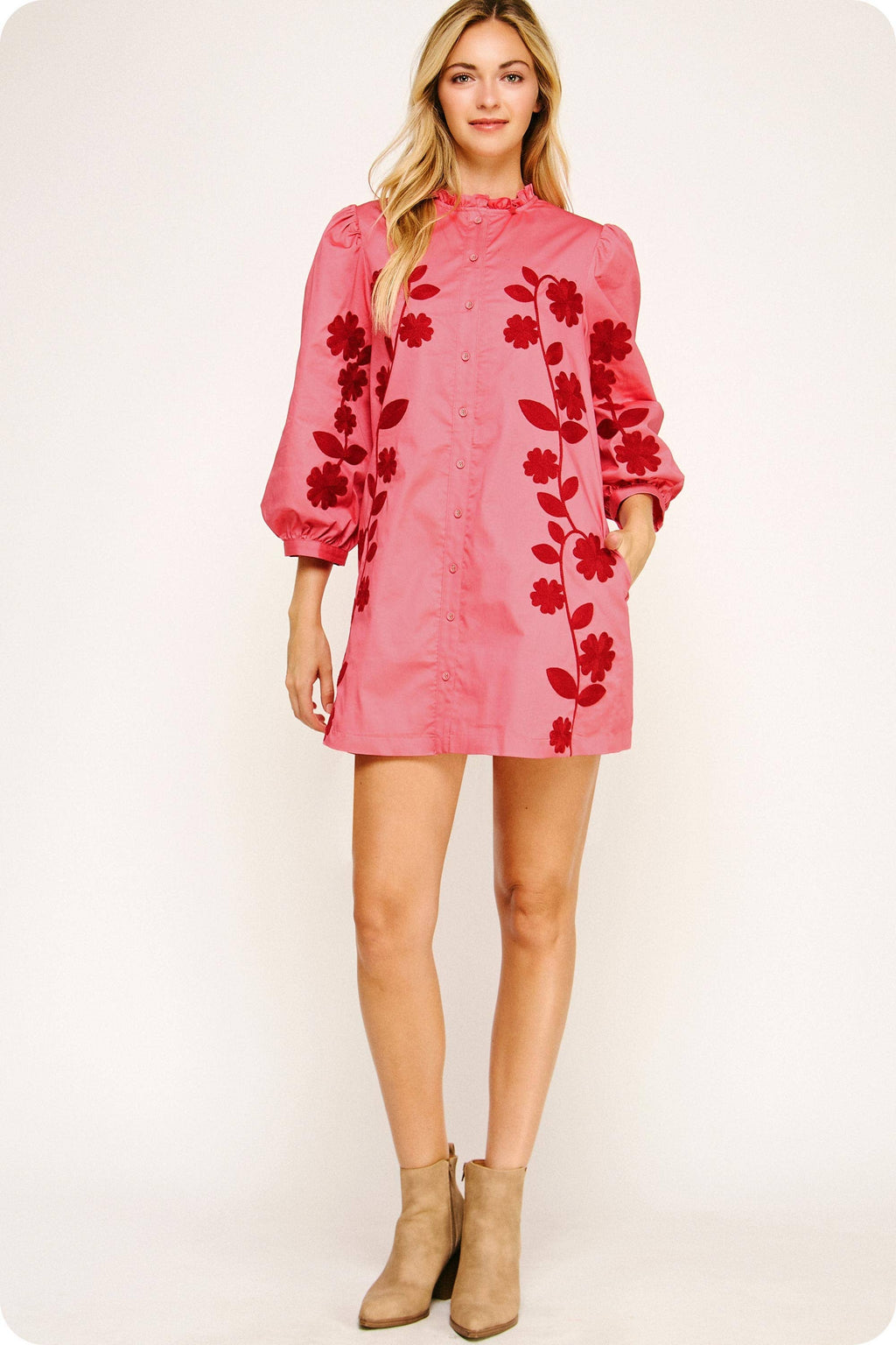 3/4 Sleeve Flower Embroidery Ruffle Neck Mini Dress
