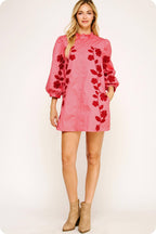 3/4 Sleeve Flower Embroidery Ruffle Neck Mini Dress