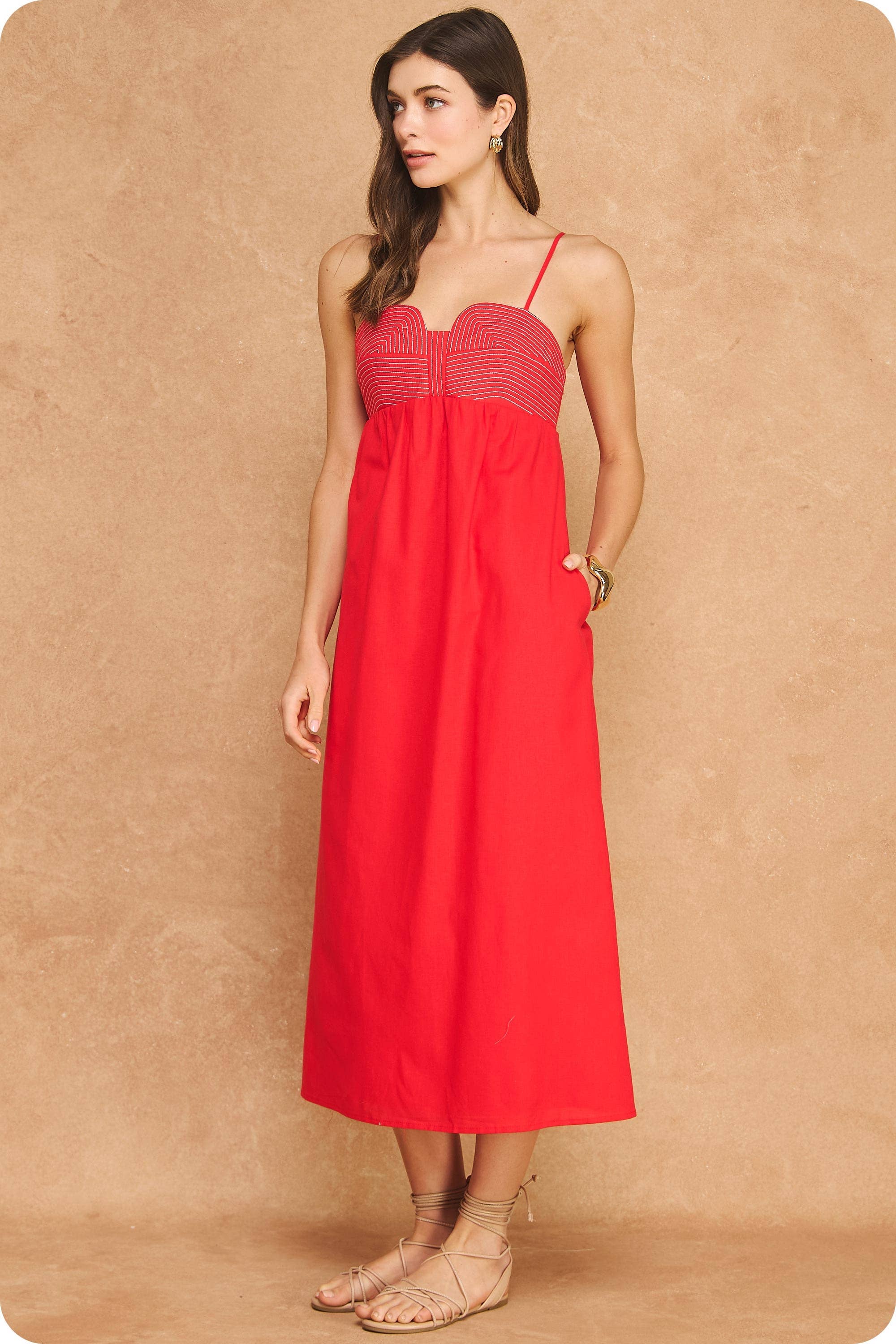 Top Stitch Bustier Linen Midi Dress