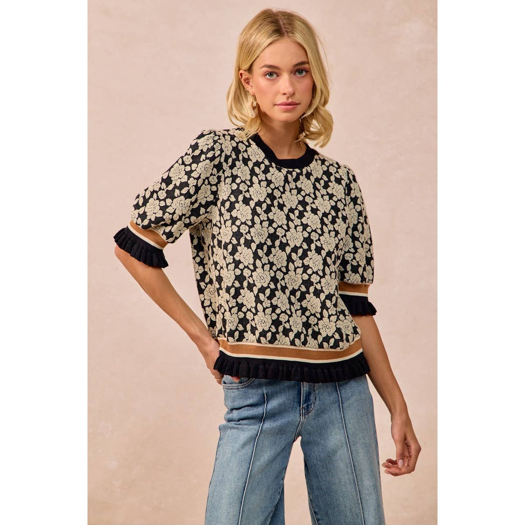 TEXTURED ROSE KNIT TOP CONTRAST BANDED PUFF SLEEVE