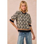 TEXTURED ROSE KNIT TOP CONTRAST BANDED PUFF SLEEVE