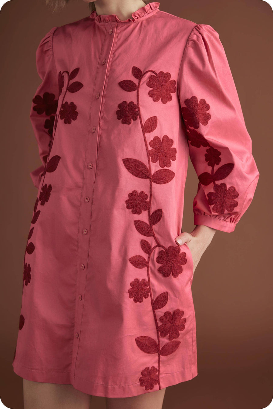 3/4 Sleeve Flower Embroidery Ruffle Neck Mini Dress