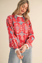 RUFFLE LACE TRIM MOCK NECK TOP MTP4294