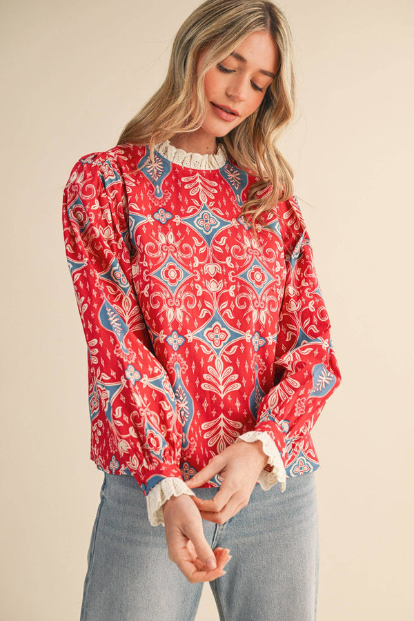 RUFFLE LACE TRIM MOCK NECK T