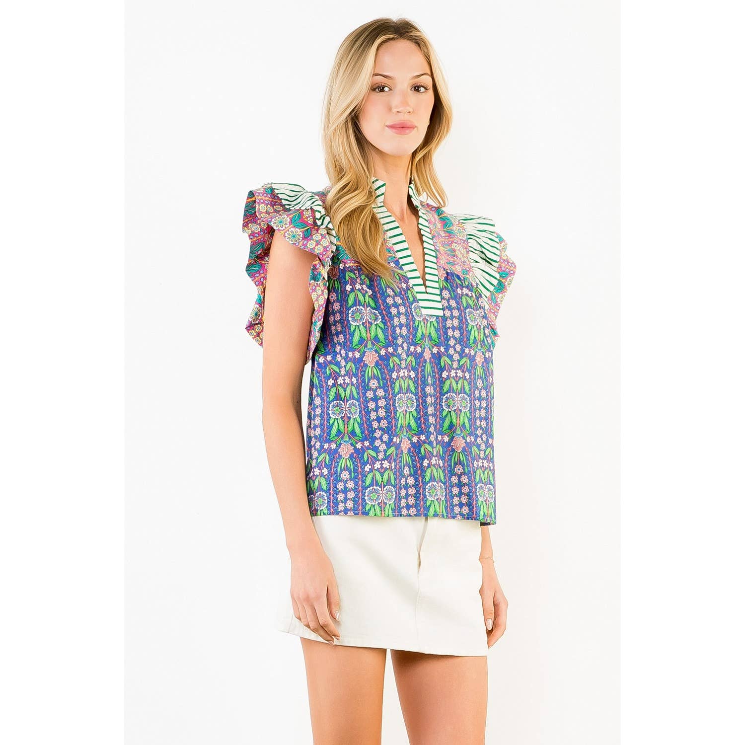 Flutter Sleeve Floral Pattern V-Neck Top