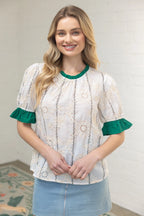 Ruffled Detail Floral Eyelet Top