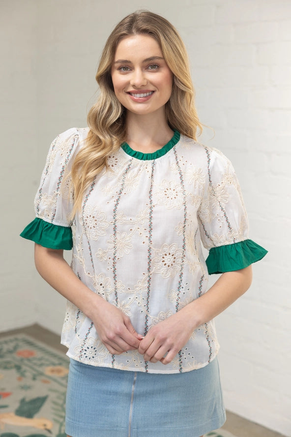 Ruffled Detail Floral Eyelet Top